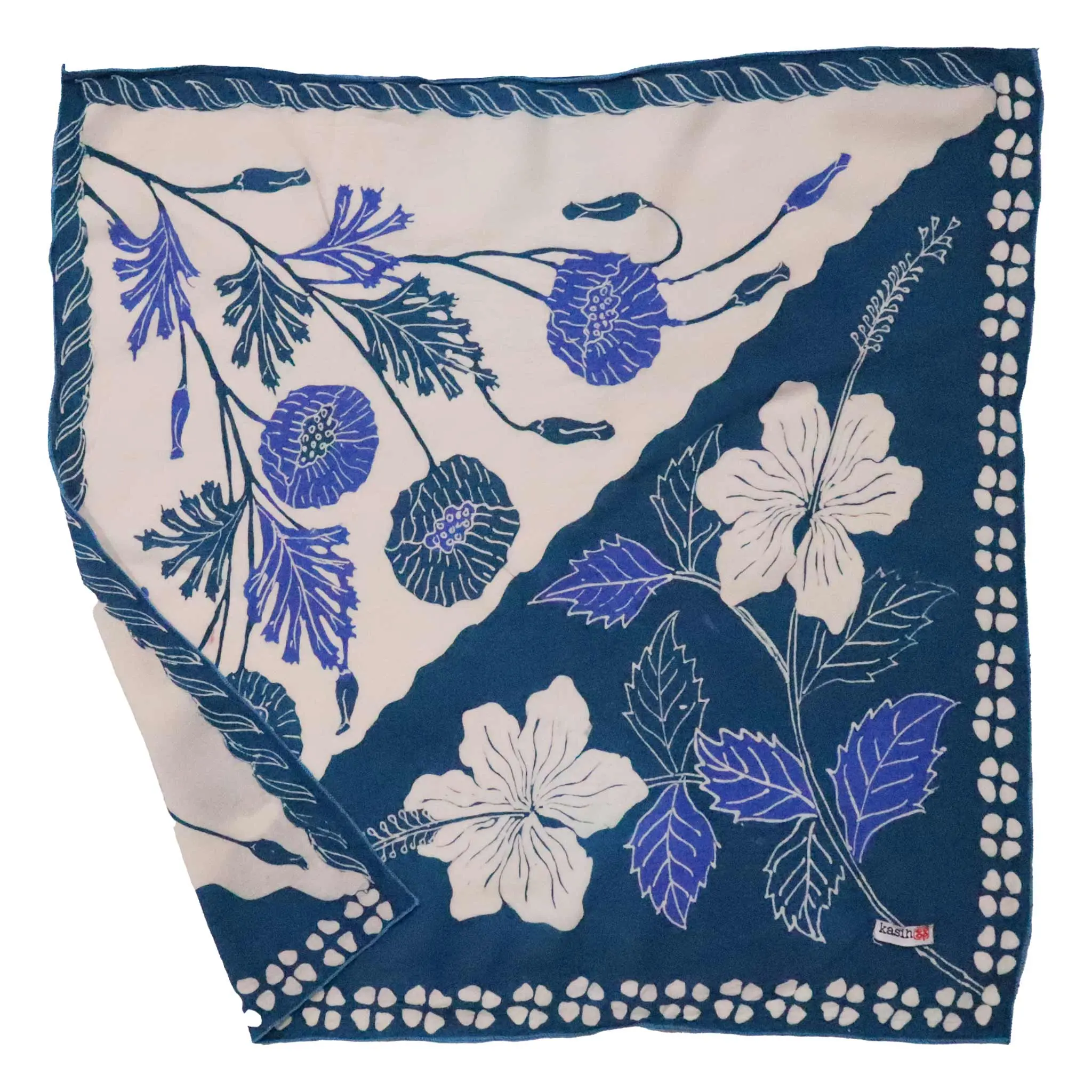 Full Hand Drawn Batik Tulis Bandana Authentic, 21", 100% Soft Cotton, Hibiscus Poppy Flowers , Pagi Sore