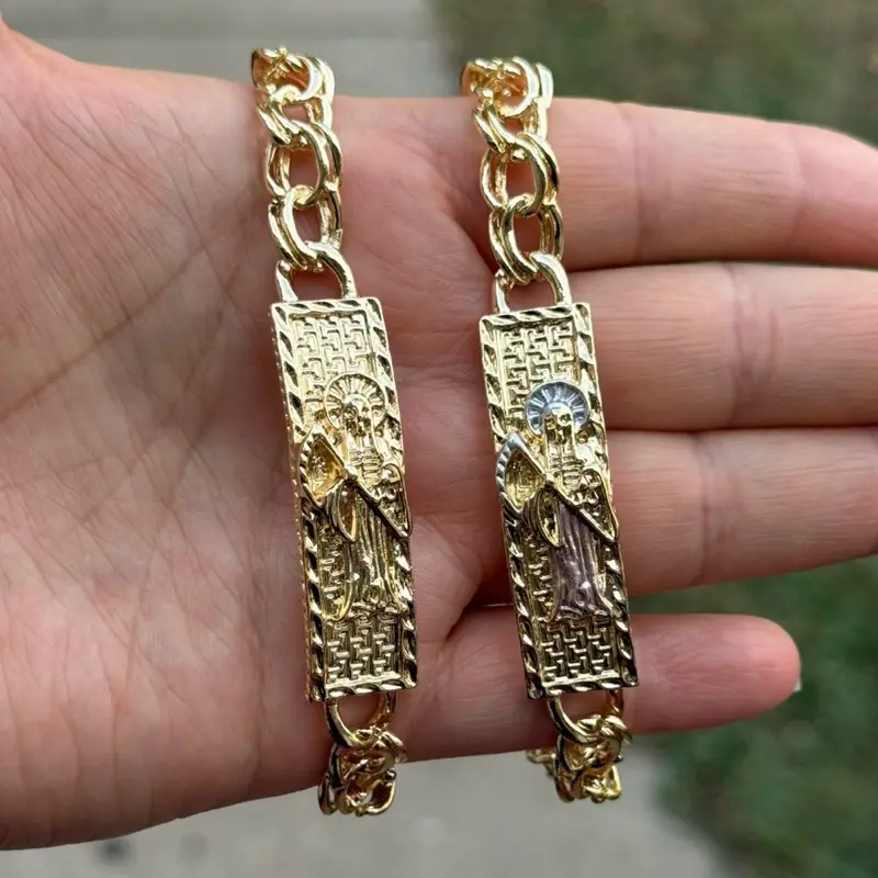 Santa Muerte Chino Link Bracelet Gold Plated 8 inches with Detailed Design and Durable Chain