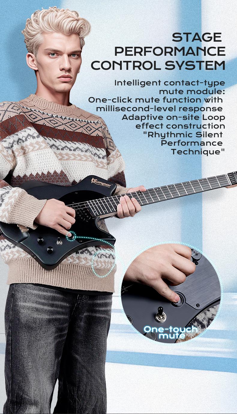 Bullfighter D350 Headless Electric Guitar – 24 Fanned Multi-Scale, Kill Switch Button for Stutter Effects, Pull-Push Coil Split, Lightweight Okoume Body – Modern Ergonomic Design for Technical Players