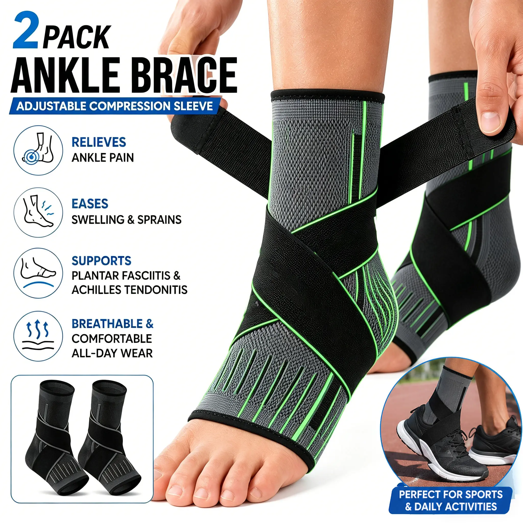 2pc Ankle Brace for Maximum Stability (Green) | Secure Athletic Ankle Support for Sports & Outdoors | Must-Have Gear 2026 - Adjustable Hiking, Basketball & Running Braces Suitable for, Chronic Ankle, Athletic