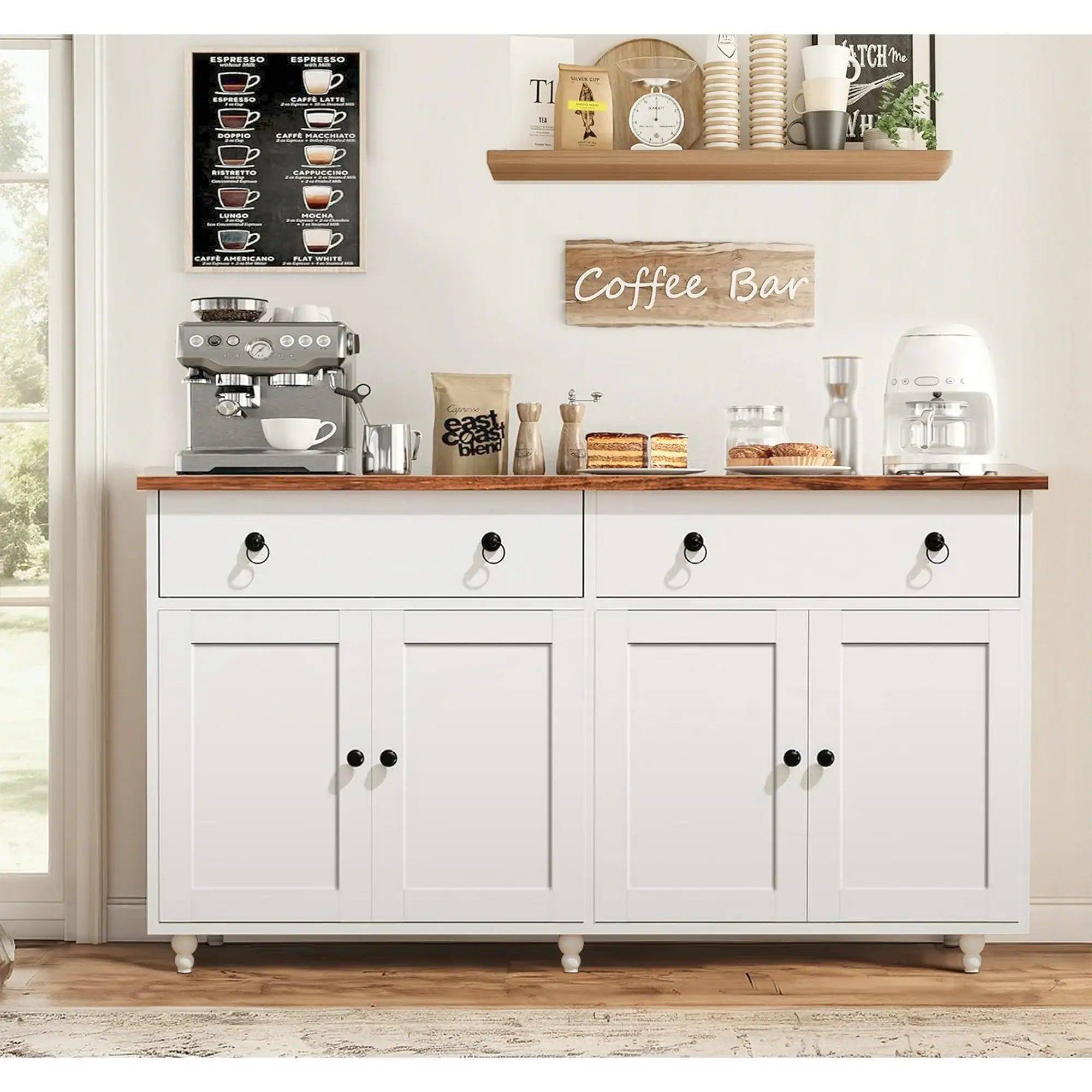 HOMBCK 55'' Sideboard Buffet Cabinet, Mid-Century Kitchen Buffet Storage Cabinet with 2 Drawers & 4 Doors, Coffee Bar Cabinet