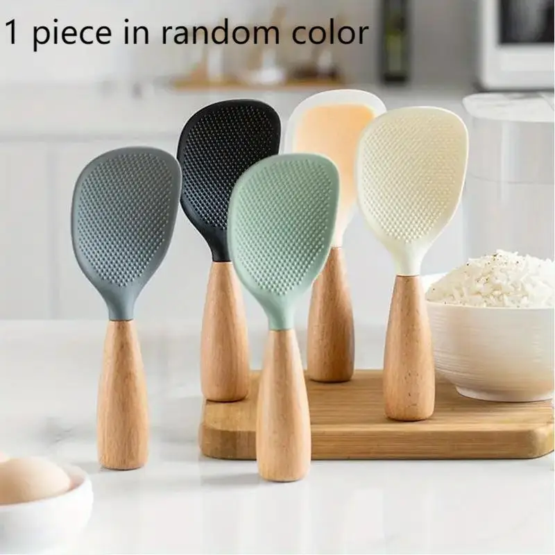 Random Color Wooden Handle Silicone Rice Spoon, Simple Durable Heat-resistant Spoon for Rice Cooker, Practical Kitchen Tools for Home Kitchen School D