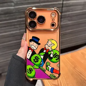 Money Bags Cartoon Monopoly Phone Case , Electroplated Cover with Airbag Shockproof Slim Soft TPU Cover for iPhone X 11 12 13 14 15 16 17 Pro Max Plus Air Rich Lifestyle Style