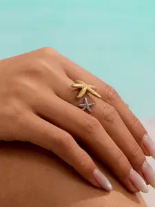 Ocean-Style 18k Gold Stainless Steel Gold and Silver Color-Matched Starfish Asymmetrical Adjustable Opening Fashion Rings, A Must-Have Accessory for Women's Beach Vacations and Seaside Outings