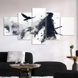 Ink Style Samurai and Crow Pattern Unframed Painting, 5 Counts Canvas Wall Art Poster, Wall Art Decor for Home Living Room Bedroom Office, Ornaments, Modern Home Decor