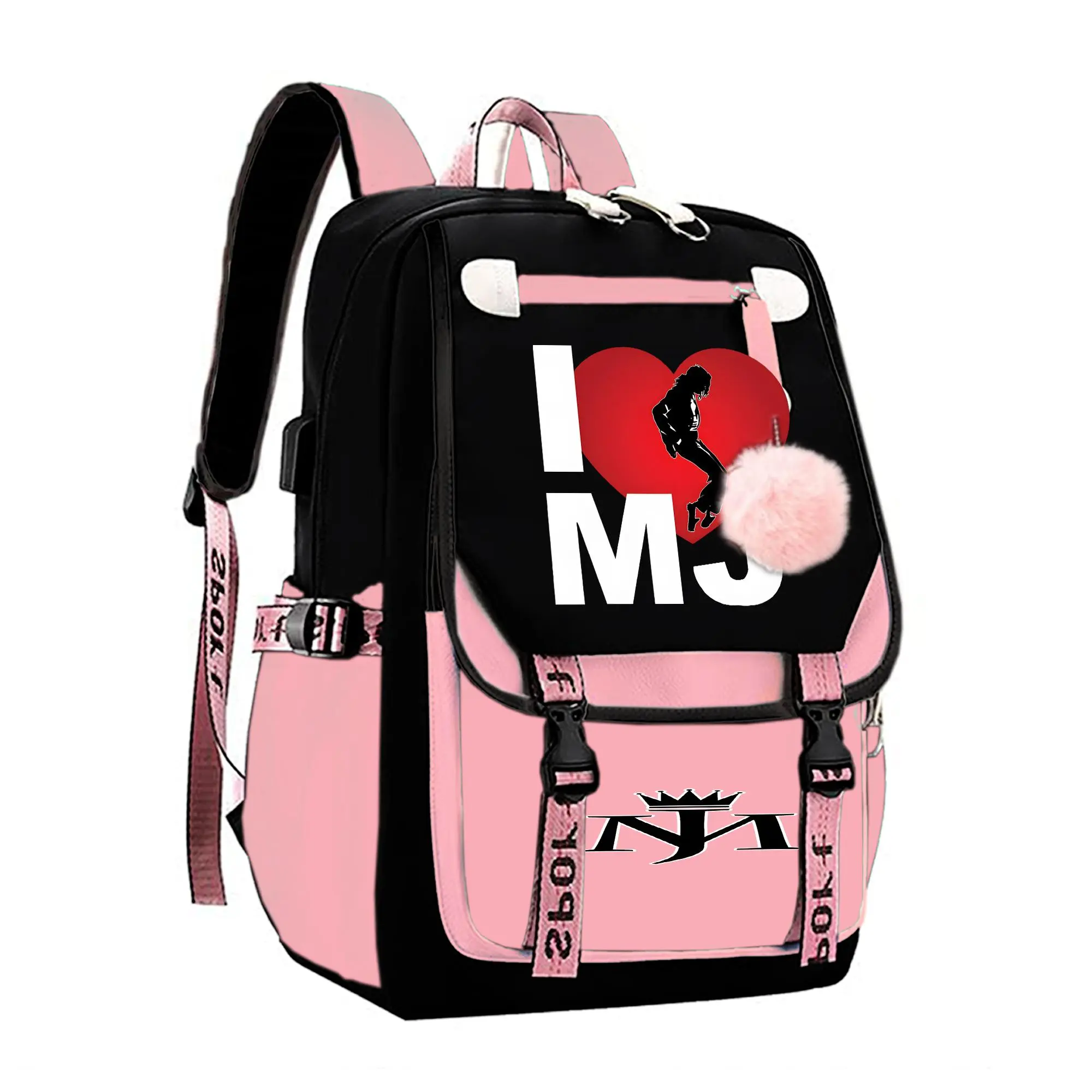 Michael Jackson Graphic Backpack for Girls, Y2K Pink and Black School Bookbag with Keychain, Waterproof Travel Laptop Bag for Teens College d-42