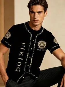 Men's Viking T-Shirt, Nordic Pattern Print, Axe and Shield Design, Breathable Summer Casual Top, Regular Fit, Perfect Gift