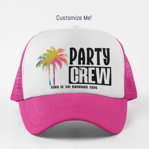 Custom BIRTHDAY Party Trucker Hat – Personalized Tropical Neon Palm Trees Theme Party | Trucker Party Hats, Bday Hats, Palm Tree Tropical Pool Beach Party Accessories, Matching Group Hats