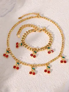 Women's Elegant Cherry Pendant Necklace & Link Bracelet, Rhinestone Decor Fashion Jewelry for Party, Daily Clothing Decor, Trendy All-match & Exquisite Jewelry for Gift