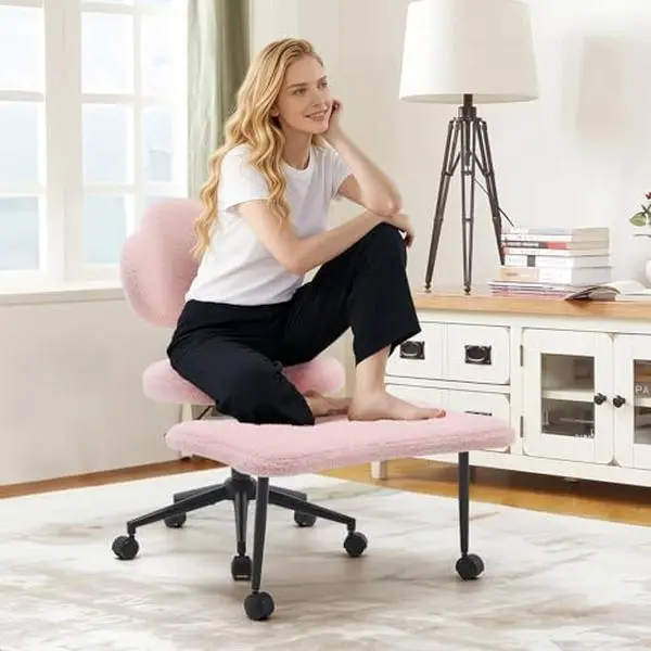 Ergonomic Cross Legged Office Chair, 360° Swivel Meditation Kneeling Chair with Wheels, Adjustable Height for Meditation, ADHD & Yoga, Lumbar Support, Wide Criss Cross Design, Teddy Fabric, Pink