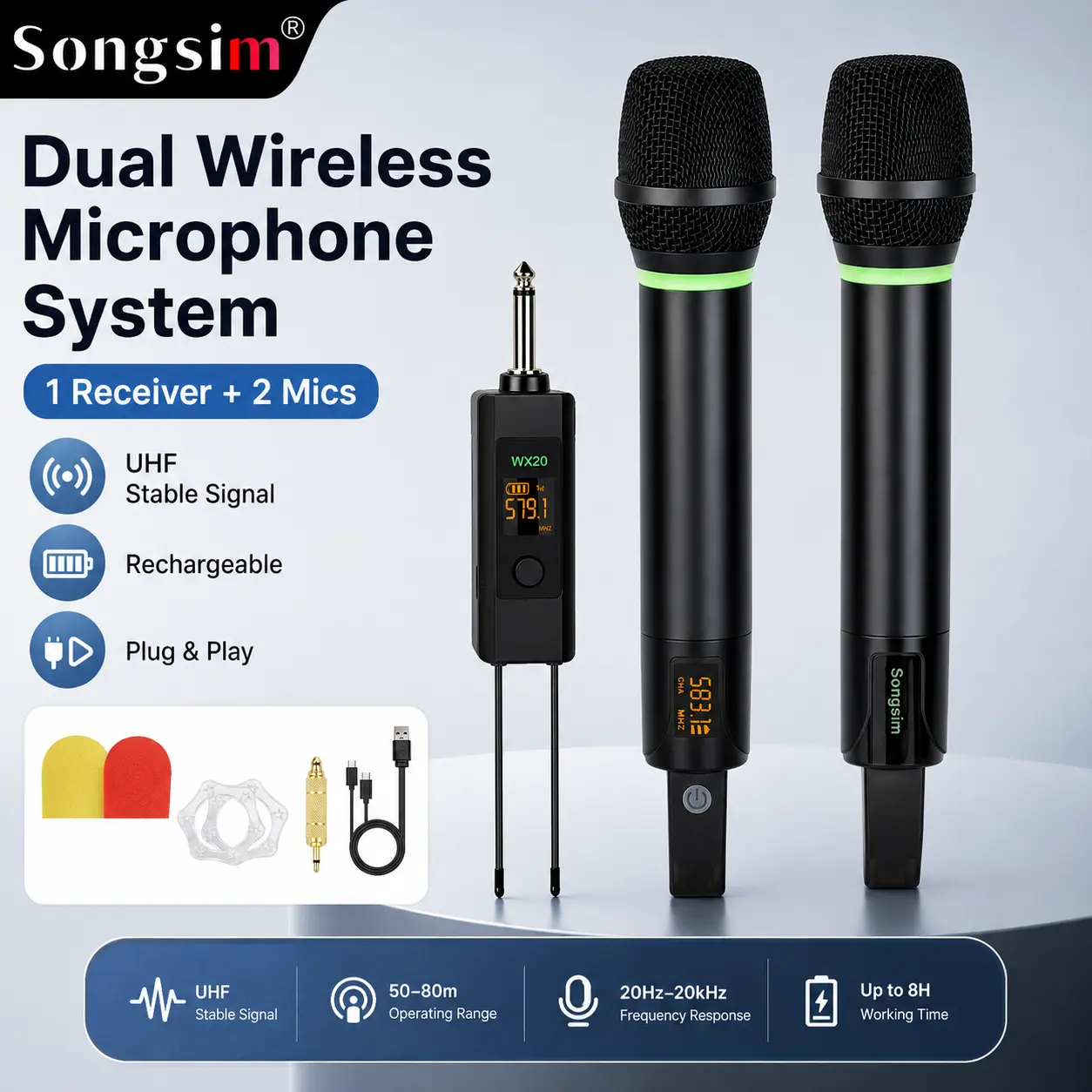 Songsim Dual Wireless Microphone System 1 Receiver + 2 Mics UHF Stable Signal Rechargeable Plug Play 50-80m Range 20Hz-20kHz Response Up to 8H Battery Life