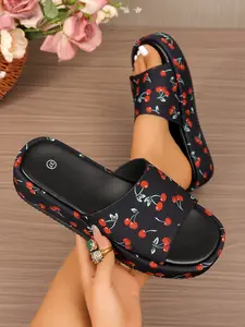New Summer Women's Comfortable Casual Cherry Print Thick Sole Elevated Sandals, Anti-Slip Heeled Platform Flip Flops, Beach Slippers