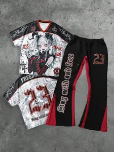 Men's 2-Piece Set, Gothic Anime Girl Top with Magic Run Freedom Slogan, Bell Bottoms, Casual Fall & Winter Style