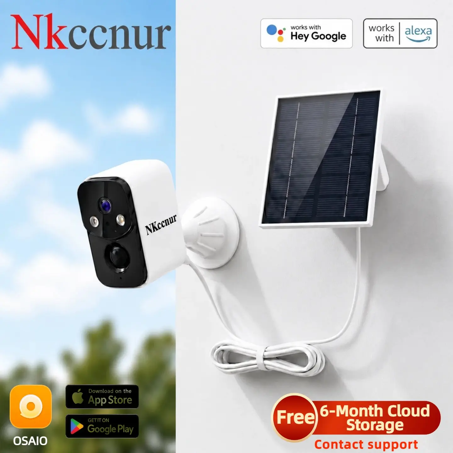 NKccnur Outdoor Solar Wireless Security Camera for Home, Solar-Powered WiFi Surveillance Camera with AI Motion Alert, Color Night Vision, 2-Way Audio, IP66 Waterproof, Cloud Storage, Security Cameras For Home