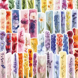 Watercolor Flower Pattern Bookmark Sticker, 50pcs/set Waterproof Self Adhesive Decorative Sticker, DIY Decals for Water Bottle, Laptop, Phone Case Art Stickers