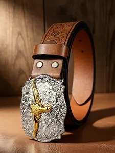 Western style "Silver Shield Gold Bull Head" personalized alloy plate buckle belt, 1.46in/3.7cm wide fashionable embossed belt, available in brown and black, unisex trendy Pu Leather Belt.
