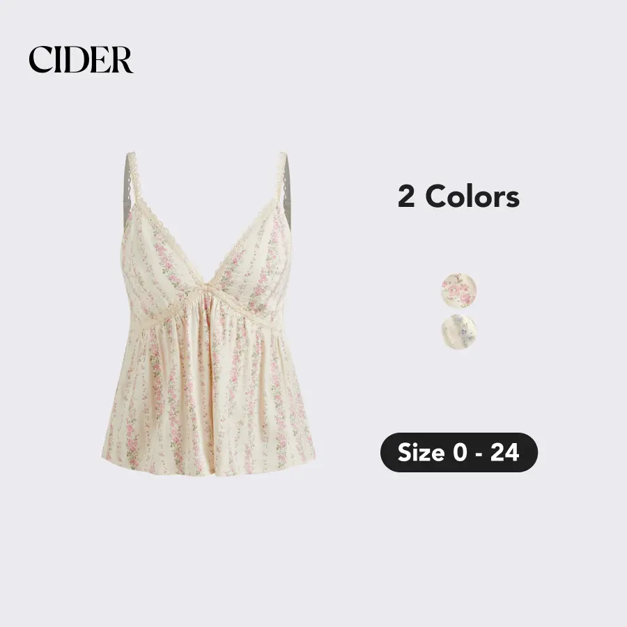 Cider Women's Cotton-Blend V-Neck Floral Cami Top with Adjustable Strap, Double Lined Ruched Cropped Tank for Summer Beach & Vacation, Plussize & Midsize Inclusive