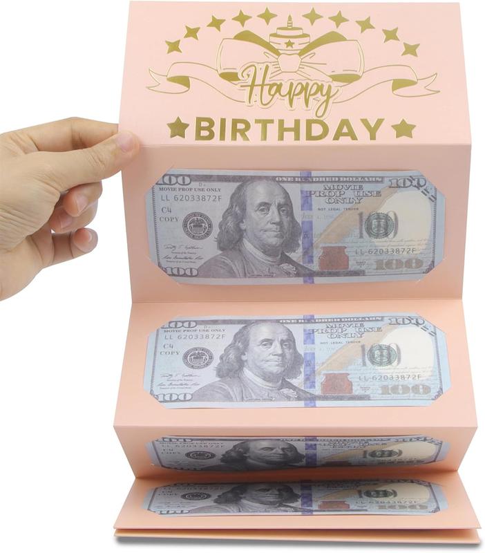 4Pcs Birthday Money Envelope for Cash Gifts, Surprise Cash Envelope for Wife Women Kids, Birthday Gift Card for Women Girls, Pink Rose Gold Money Holder