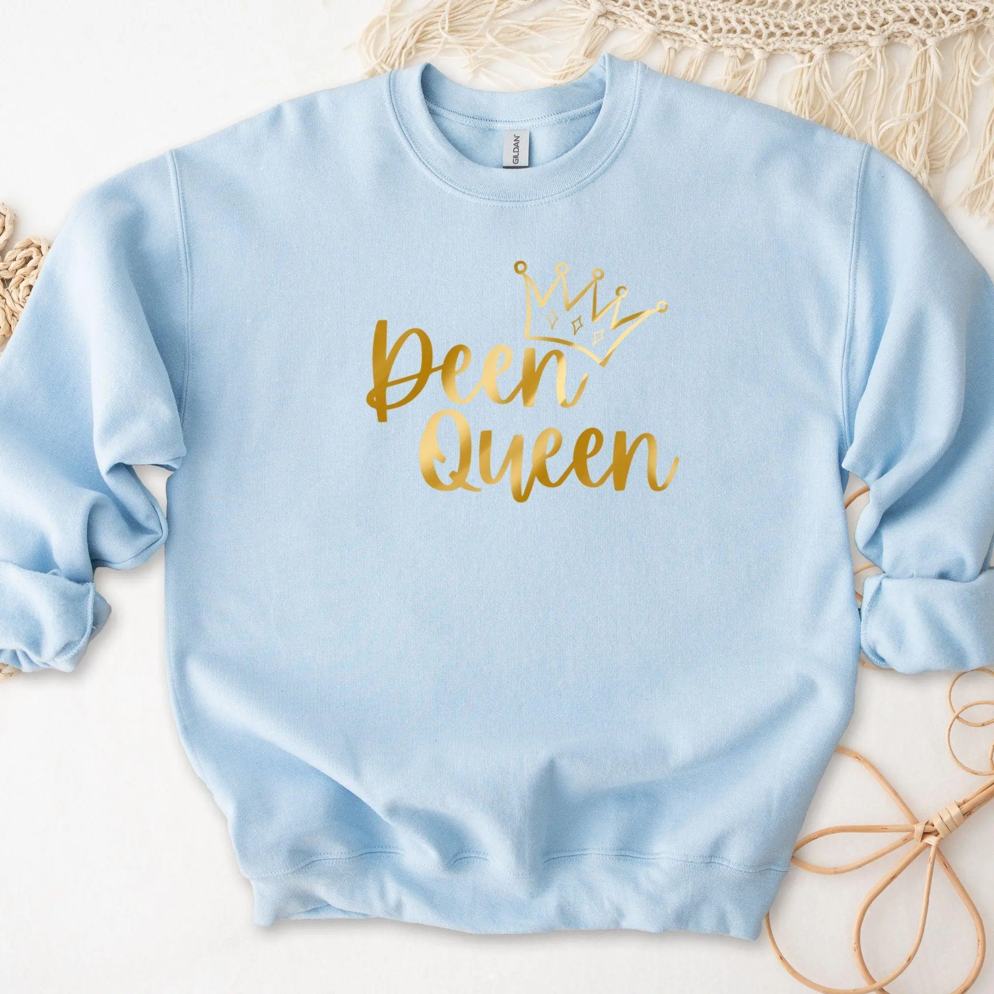 Deen Queen Sweatshirt by Humraha | Desi Arab Muslim Fashion Apparel Gifts for Ramadan Eid Nikkah Wedding Couples Families New Moms Aunts Uncles Grandparents | Pakistan India Bangladesh Palestine Lebanon Egypt Syria