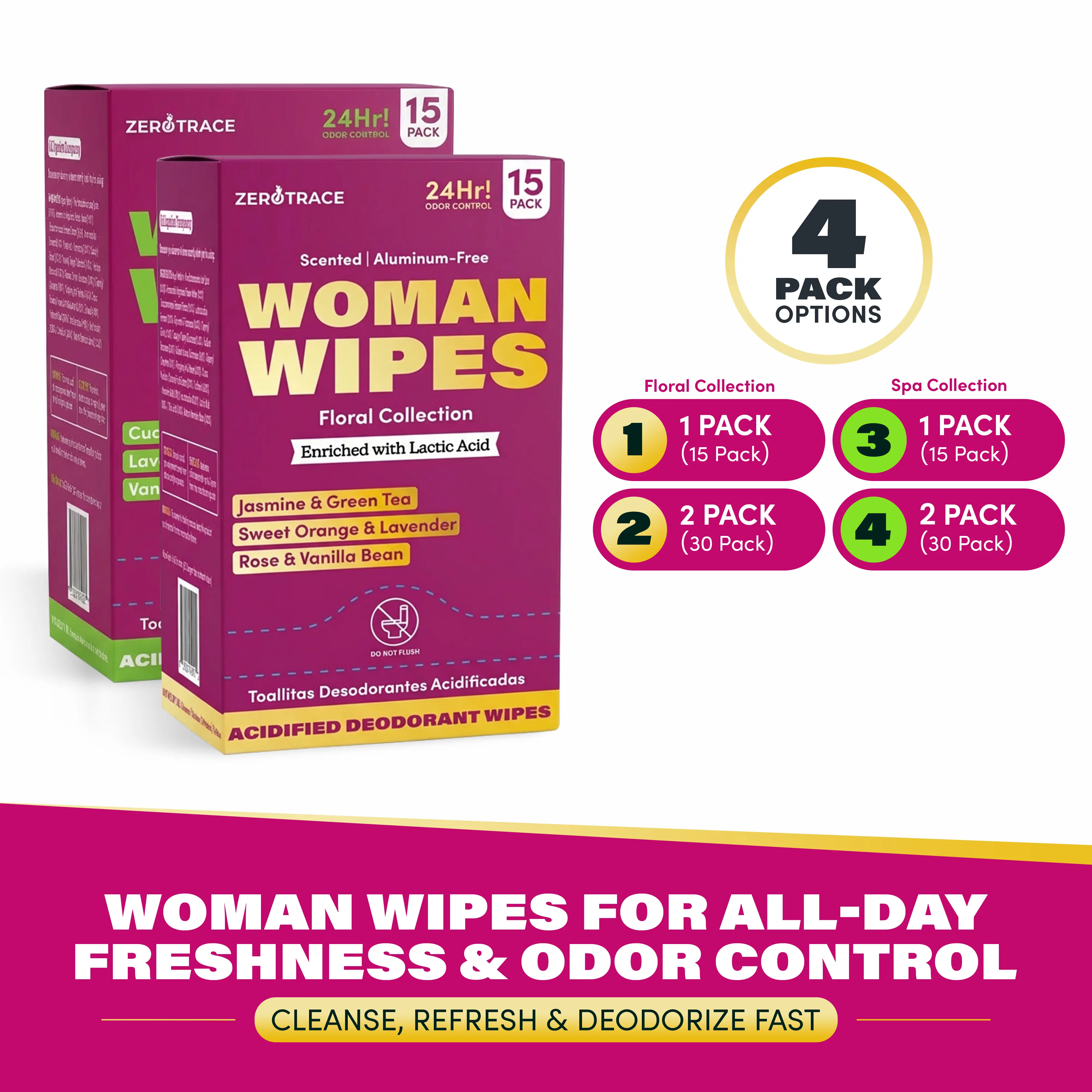 Zero Trace Deodorant Wipes for Women, 15 Individually Wrapped pH-Balanced Underarm & Body Wipes with Lactic Acid, Aluminum-Free Floral Travel Wipes