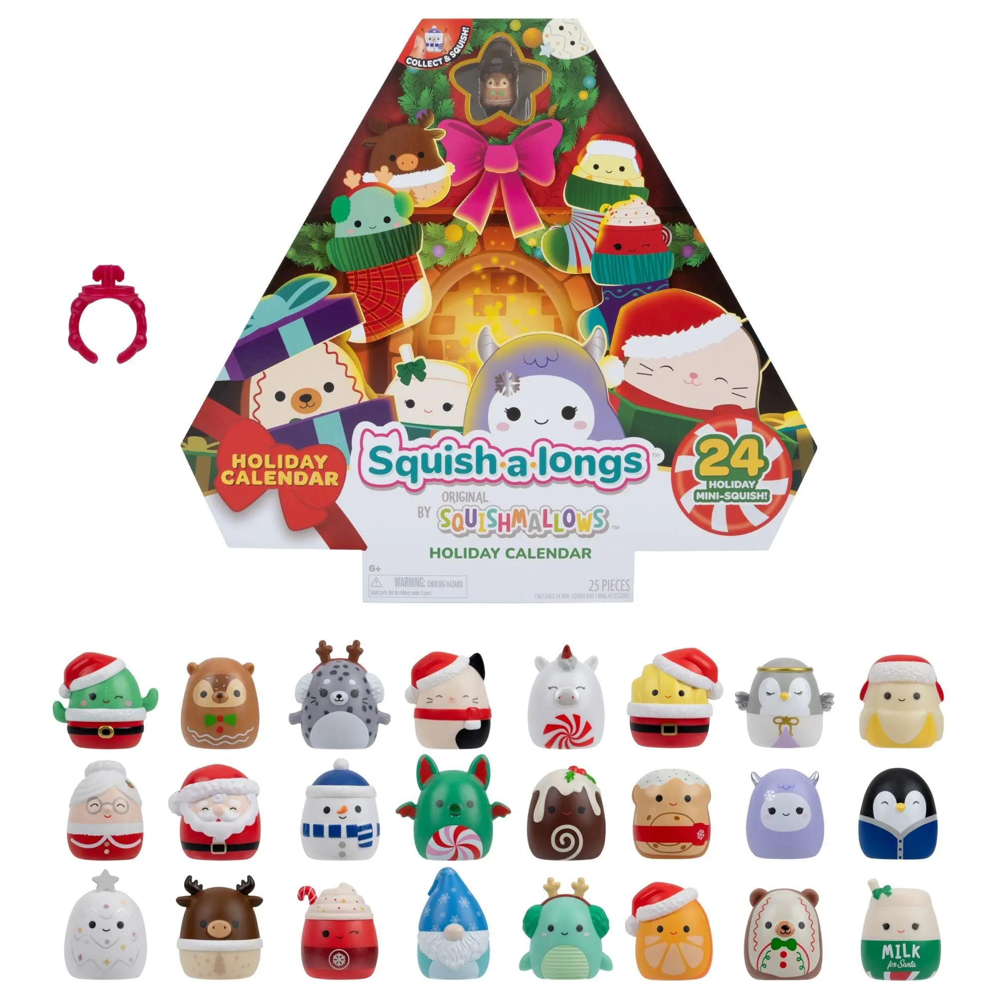 Squishmallows Squish-a-longs 24-Day Christmas Countdown Calendar – 24 1-Inch Mini-Squish, Holiday Collectibles, Ring Accessory