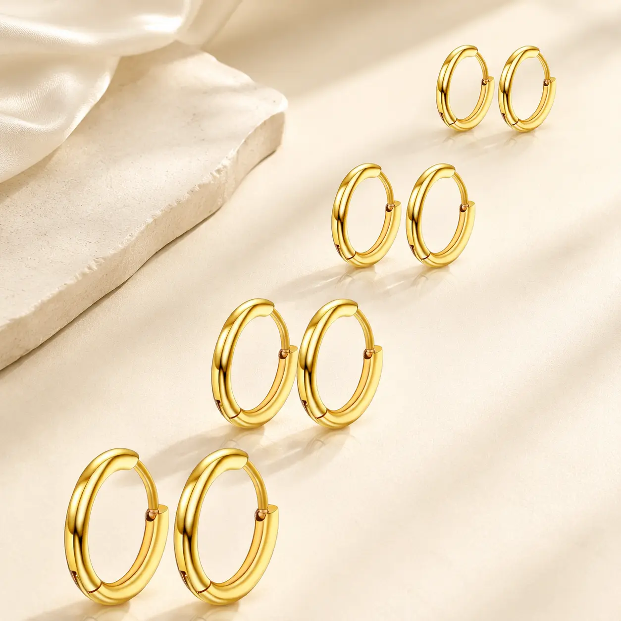 4 Pair Silver Hoop Earrings Set in 316L Surgical Steel, Hypoallergenic Minimalist Cartilage Piercings for Men & Women, Multi-Size 8-14mm