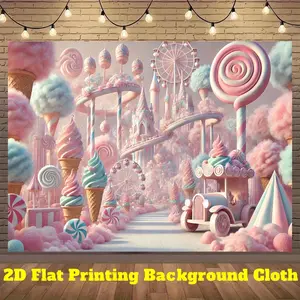 2D Flat, 1pc Sweet Paradise Polyester Backdrop Banner - Whimsical Candyland Scene with Lollipops, Balloons & Roller Coaster, Ideal for Birthday & General Celebrations, Indoor/Outdoor Party Decor, Live Stream Background, No Electricity Needed, Candyland