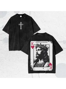 valentine shirts Men's washed street brand trendy style T-shirt | Royal playing card printing, with cross and text, retro heavy T-shirt, perfect gift, loose and comfortable breathable, machine wash, hip hop cool style, Y2K trendy clothing