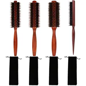 4Pcs Boar Bristle Round Hair Brush Set with Nylon Pin, Wooden Handle for Straightening Curling Volumizing and Detangling (10/12/ 14 Rows) - Home Improvement.