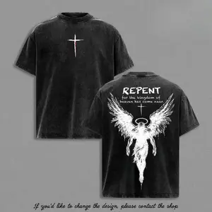 Repent Vintage Washed Oversized Christian T-Shirt, Angel Wings Faith Graphic Tee, “Kingdom of Heaven Has Come Near” Gospel Streetwear Top, Heavy Cotton Unisex Retro Worship Shirt