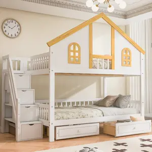 Full over Full Bunk Bed Wood Frame with Stairs and Storage Drawers, Window Door and Roof,Staircase,White+Natural