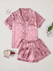 Valentine's Day Heart Short Pajama Set, Casual Loose-Fitting Sleepwear, Soft Satin Button-Neck Top and Pants, All Seasons Home Wear