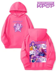 Girls Kpop Demon Hunters Graphic Casual Hoodie, Cartoon Print Casual Fitted Sweatshirt, Fall & Winter Elastic Fabric, Christmas Gift Style