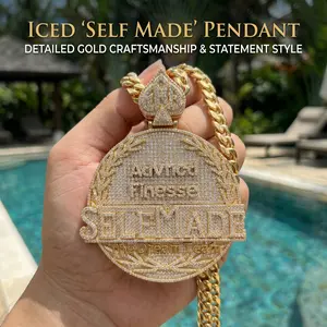 Custom Self-Made Boss Drip👑 Iced Out Personalized Text Pendant| Yellow Gold Hip Hop Trap Chain For Men| Ace Of Spades Bling Rapper Streetwear Jewelry| Custom Crew Name Laurel Wreath Medallion (Comes with Basic 4mm Twisted Rope Chain)