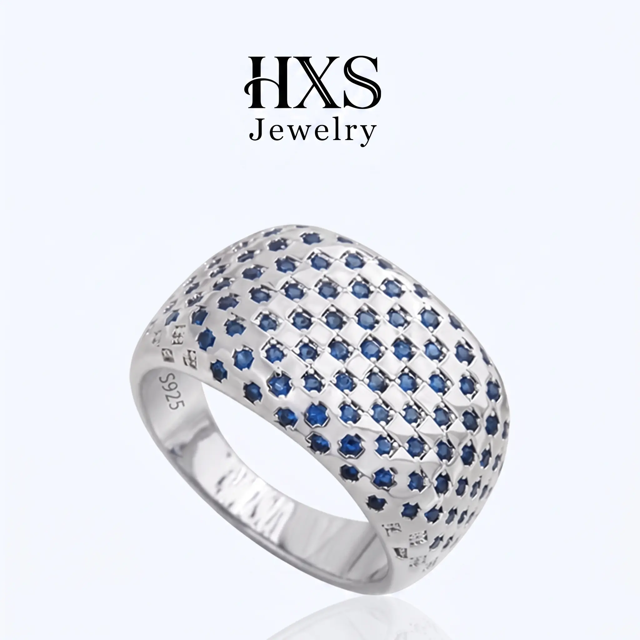 HXS 925 Silver Mesh Statement Ring, Full Paved Blue Synthetic Sapphire Wide Band, Unisex Jewelry for Daily & Party, Holiday Gift