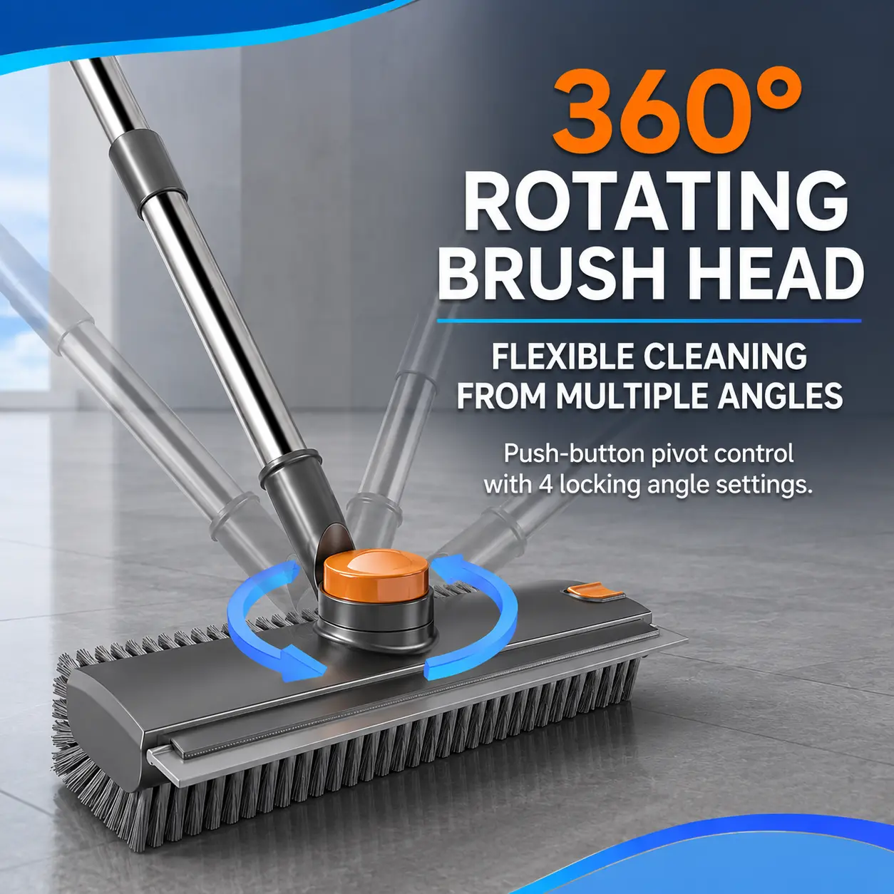 3-in-1 Long Handle Shower Scrub Brush with Squeegee, Heavy Duty Floor Cleaning Brush for Bathtub, Bathroom, Tile, Kitchen, Patio & Garage