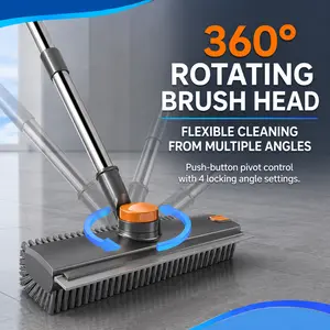 3-in-1 Long Handle Shower Scrub Brush with Squeegee, Heavy Duty Floor Cleaning Brush for Bathtub, Bathroom, Tile, Kitchen, Patio & Garage