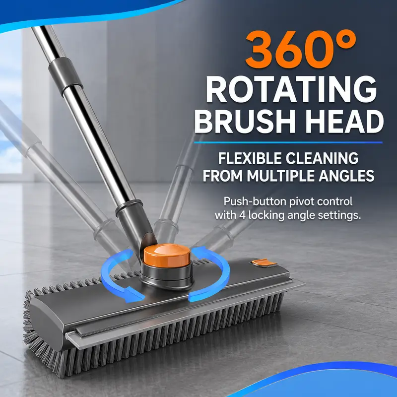 3-in-1 Long Handle Shower Scrub Brush with Squeegee, Heavy Duty Floor Cleaning Brush for Bathtub, Bathroom, Tile, Kitchen, Patio & Garage