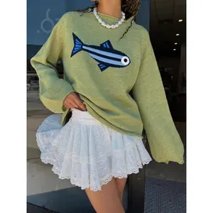Women’s oversized graphic crewneck pullover sweater with fish print, long sleeves, casual fit, available in Y2K grunge and fisherman core aesthetics