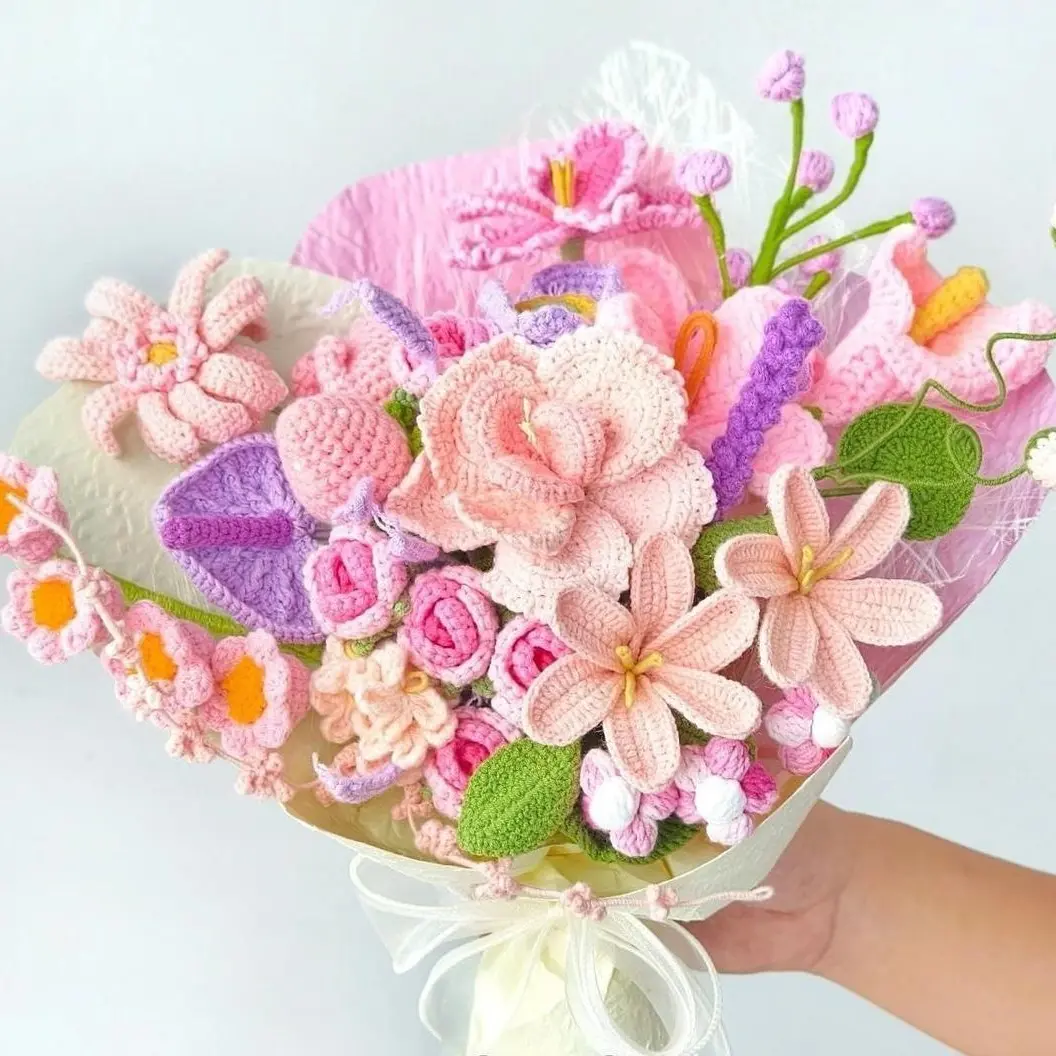 Crochet Flower Bouquet Morning Blush, Large Handmade Yarn Flowers Gift Home Decor