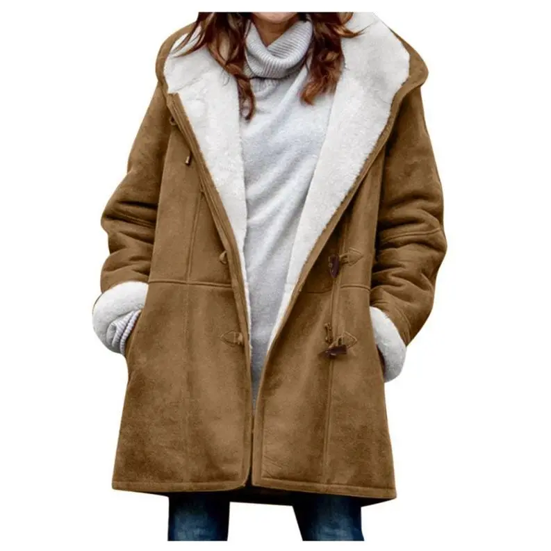Sherpa Coat Women's Winter Parka Jacket Solid Color Casual Button Warm Mid-Length Hooded Pocket Outerwear Overcoat Long Sleeve Thick Soft Sherpa Lining