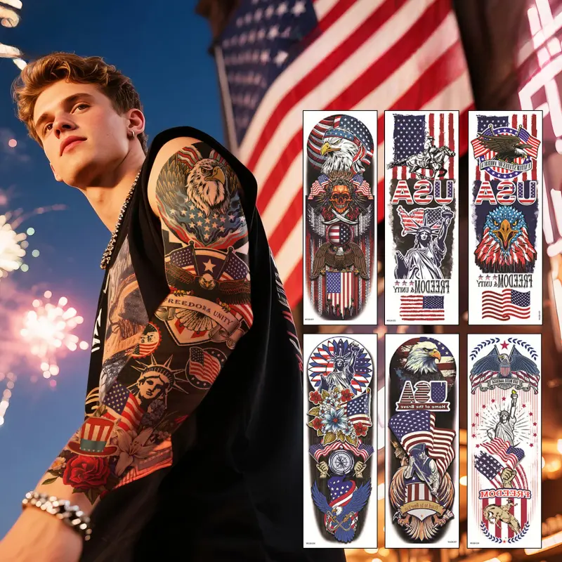 Set of Independence Day full Arm Temporary Tattoo Stickers, featuring the American flag design, with waterproof properties and a patriotic theme. Suitable for use on July 4th, Independence Day, Memorial Day, Veterans Day