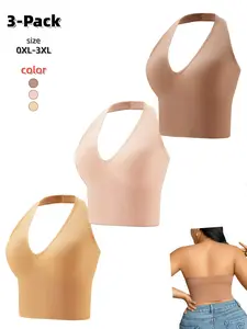 Women's No Underwire Plus Size Bra, Halter Deep V Neckline, Wide Straps, Seamless Back Design, Elegant, Suitable for Outerwear, Parties, Dates,1 Pack/3 Pack/4 Pack