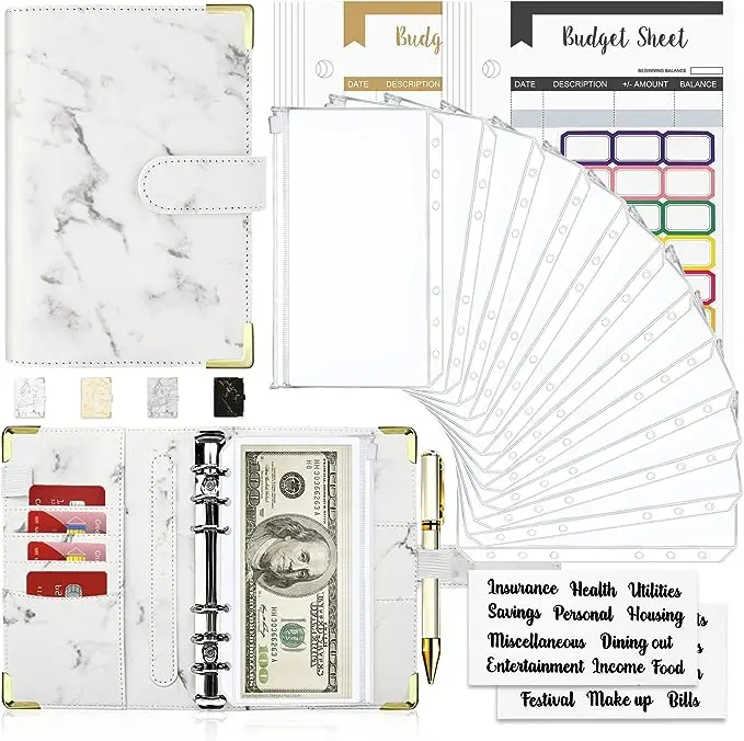 Budget Binder, Cash Envelopes for Budgeting, Money Organizer for Cash, 28Pcs Budget Binder with Cash Envelopes, Marble 6-Ring Money Saving