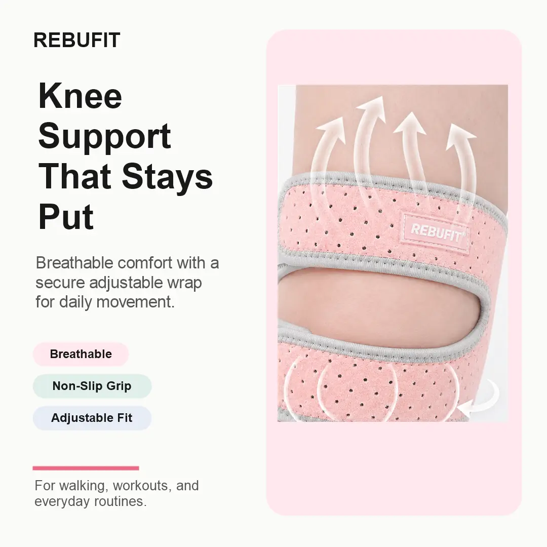 REBUFIT Patella Knee Support Strap, Breathable Adjustable Knee Brace Wrap with Non-Slip Grip, Open-Patella Support for Walking, Running, Gym, Travel, Pink Gray Black