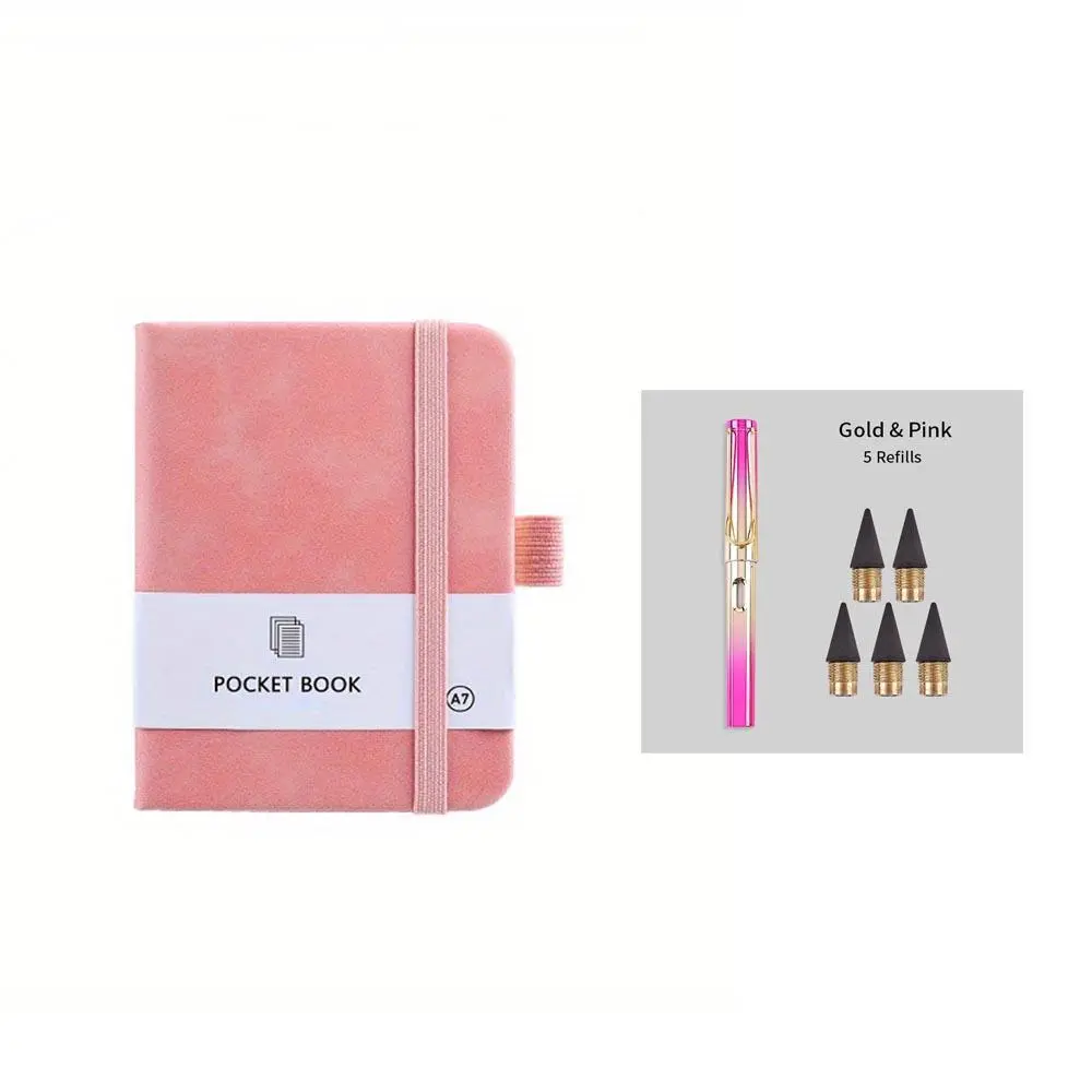 A7 Mini Notebook with Pen, 1pc Pocket Notebook Diary & 1pc Unlimited Writing Pencil, with 5pcs Refill, Stationery Supplies for Home School Office, Notepad, Note Taking Notebook