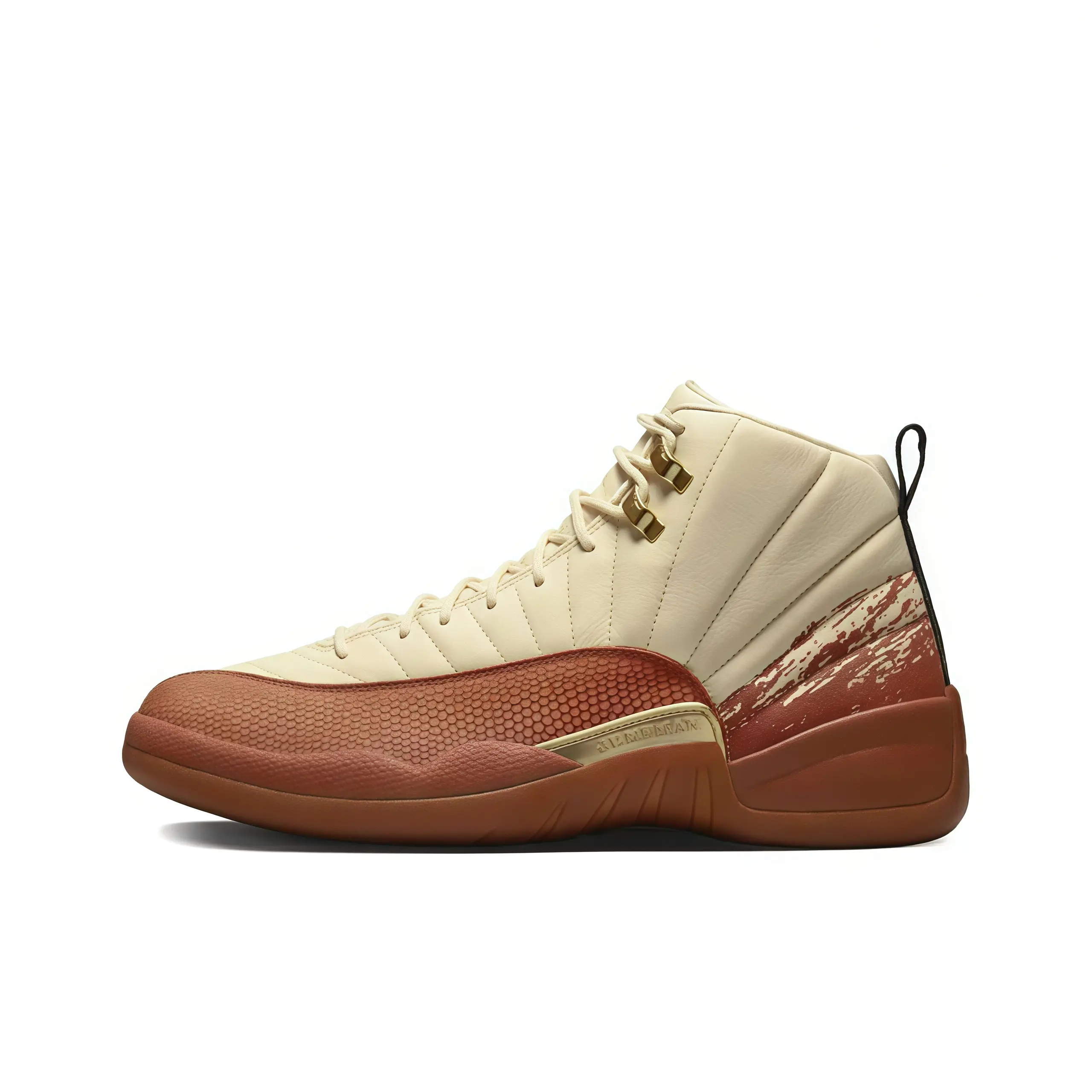 Cream off-white rust brown vintage gum sole high top basketball sneakers, warm neutral unisex hype street kicks, polished gold metal lace locks & side plaque, faded brushstroke side print, reptile textured brown toe cap, thick gum rubber outsole