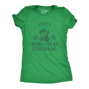 Womens Easily Distracted By Leprechauns T Shirt Funny Saint Patrick's Day Parade Novelty Graphic Tee for Ladies Funny Womens T Shirts Cute Vintage Fashion Casual Ladies T-Shirt Gift Saint Patrick's Day Tops for Green -