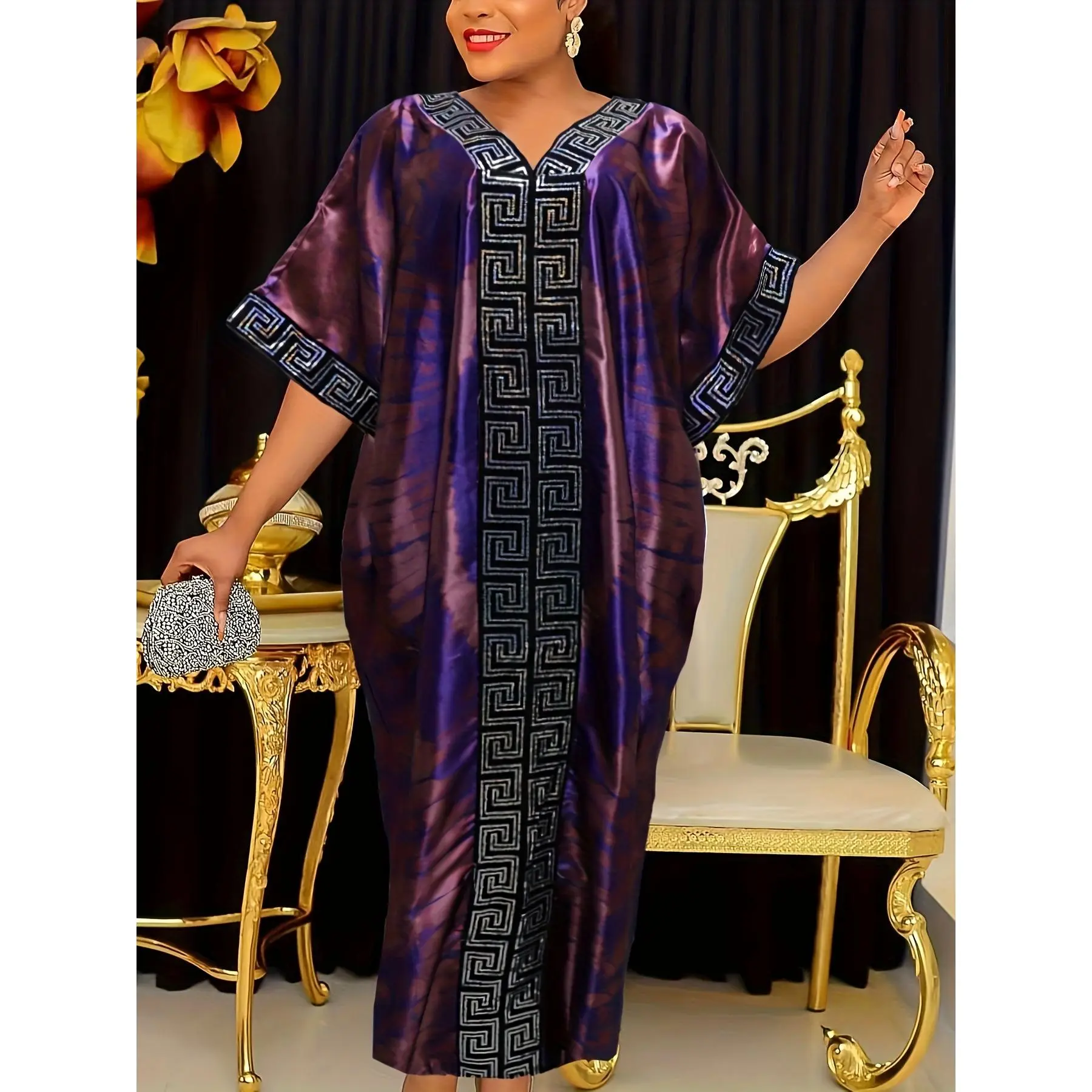 Women's Modest Muslim Casual Loose V-Neck Batwing Sleeve All-Over Print Sequin-Accent Maxi Kaftan Dress with Matching Hijab - Polyester Blend, Non-Stretch, All-Season Middle Eastern-Inspired Wear