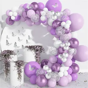Purple Silver Butterfly Balloon Garland Arch Kit,118pc Latex Balloon for Wedding Birthday Party Decoration,Metallic Silver Confetti Balloon Decor